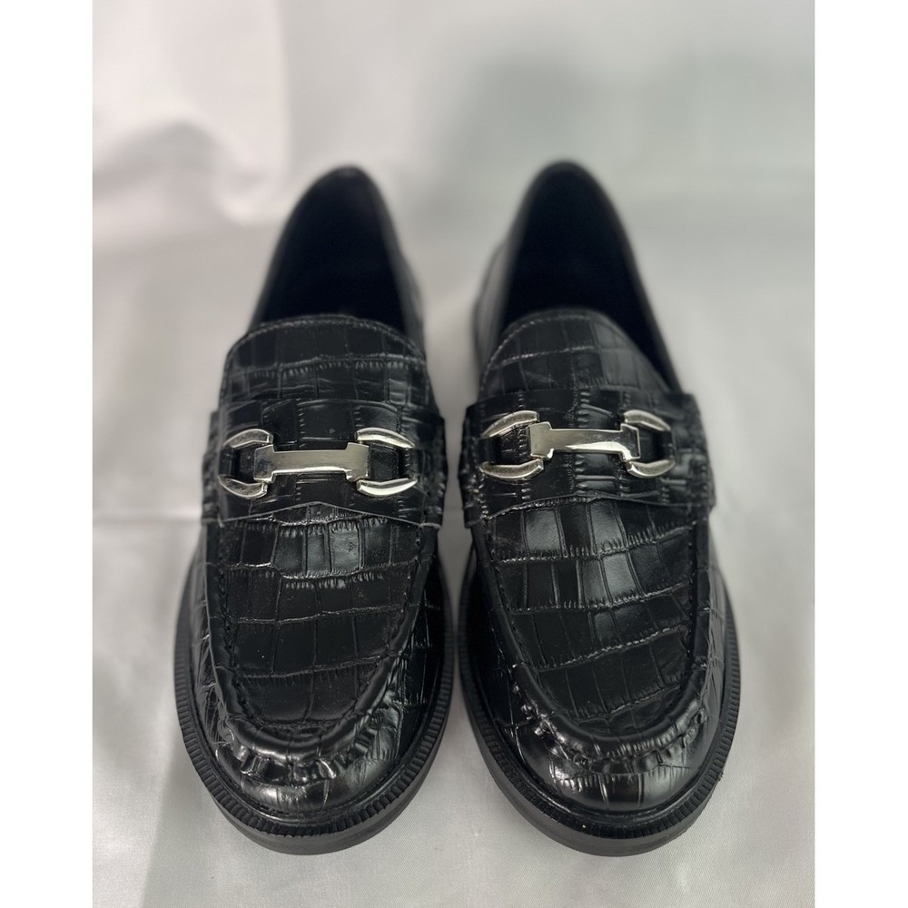Topshop Womens Croc Embossed Black Heeled Leather Loafers US Size 4.5